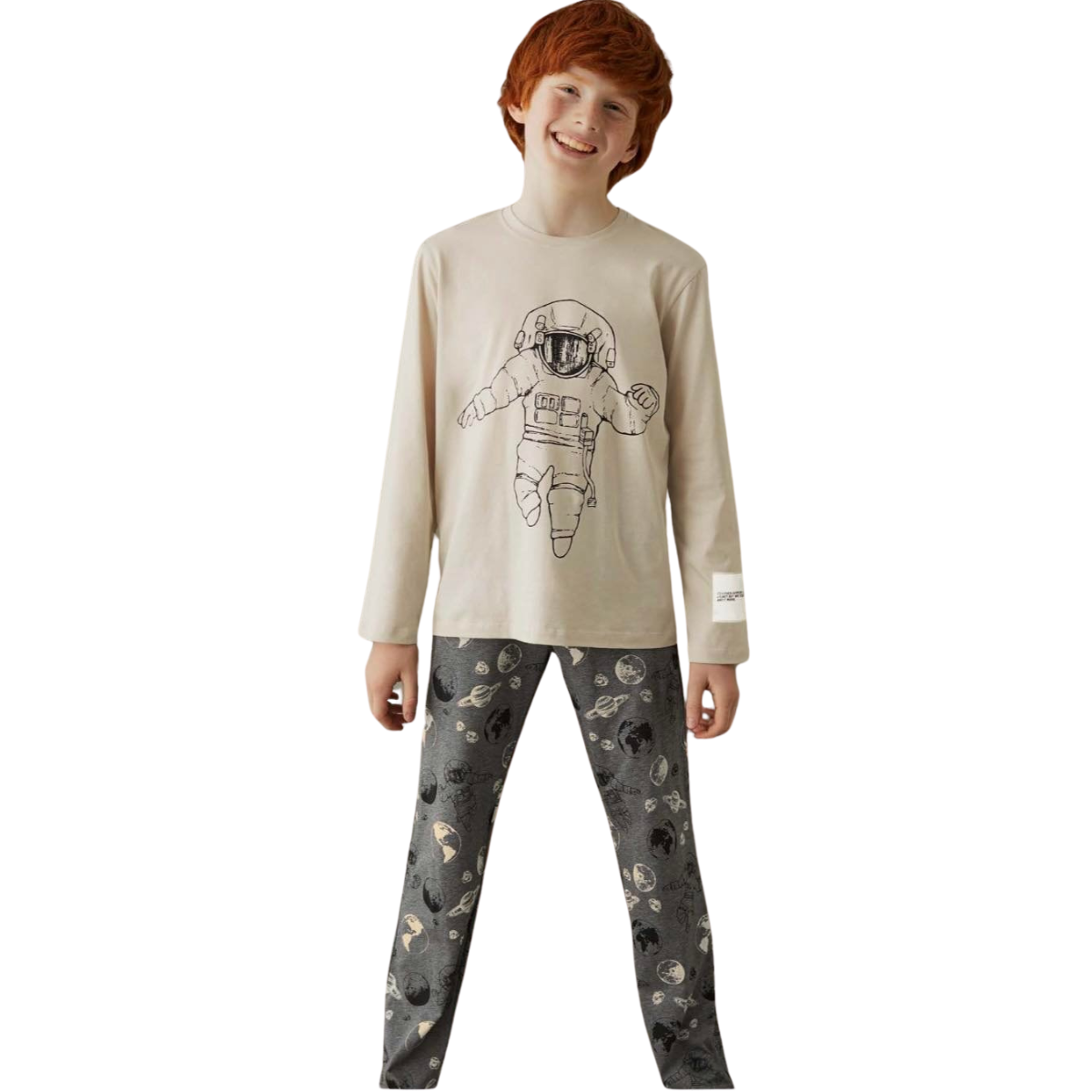 8459 ZEYZEY Premium Boysβ Pajama Set β Beige Astronaut Print Top & Space Pattern Pants | Sizes 128 cm | Made in Turkey