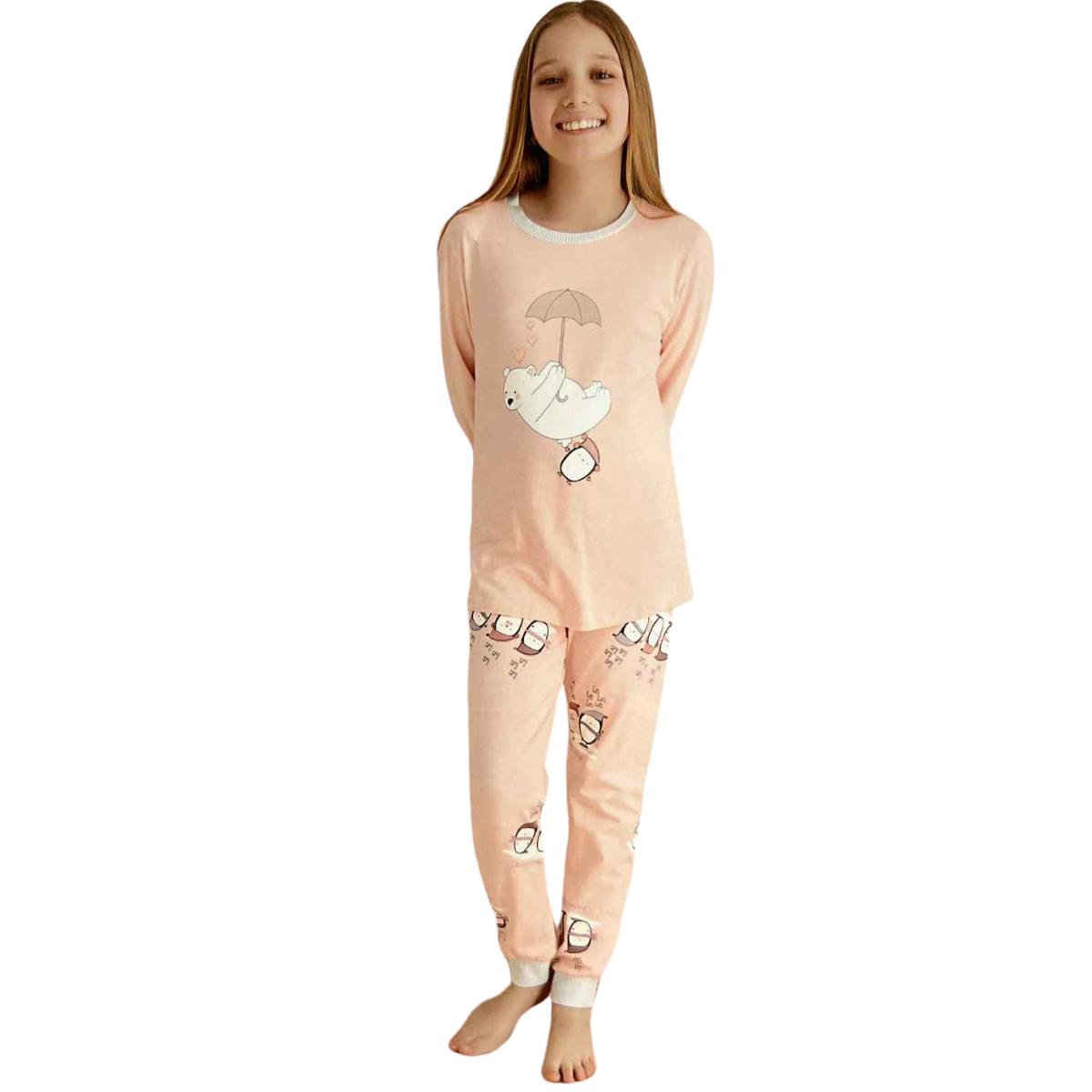 8479 ZEYZEY Premium Girls’ Pajama Set – Peach Polar Bear & Umbrella Print Top & Matching Pants | Sizes 140–152 cm | Made in Turkey