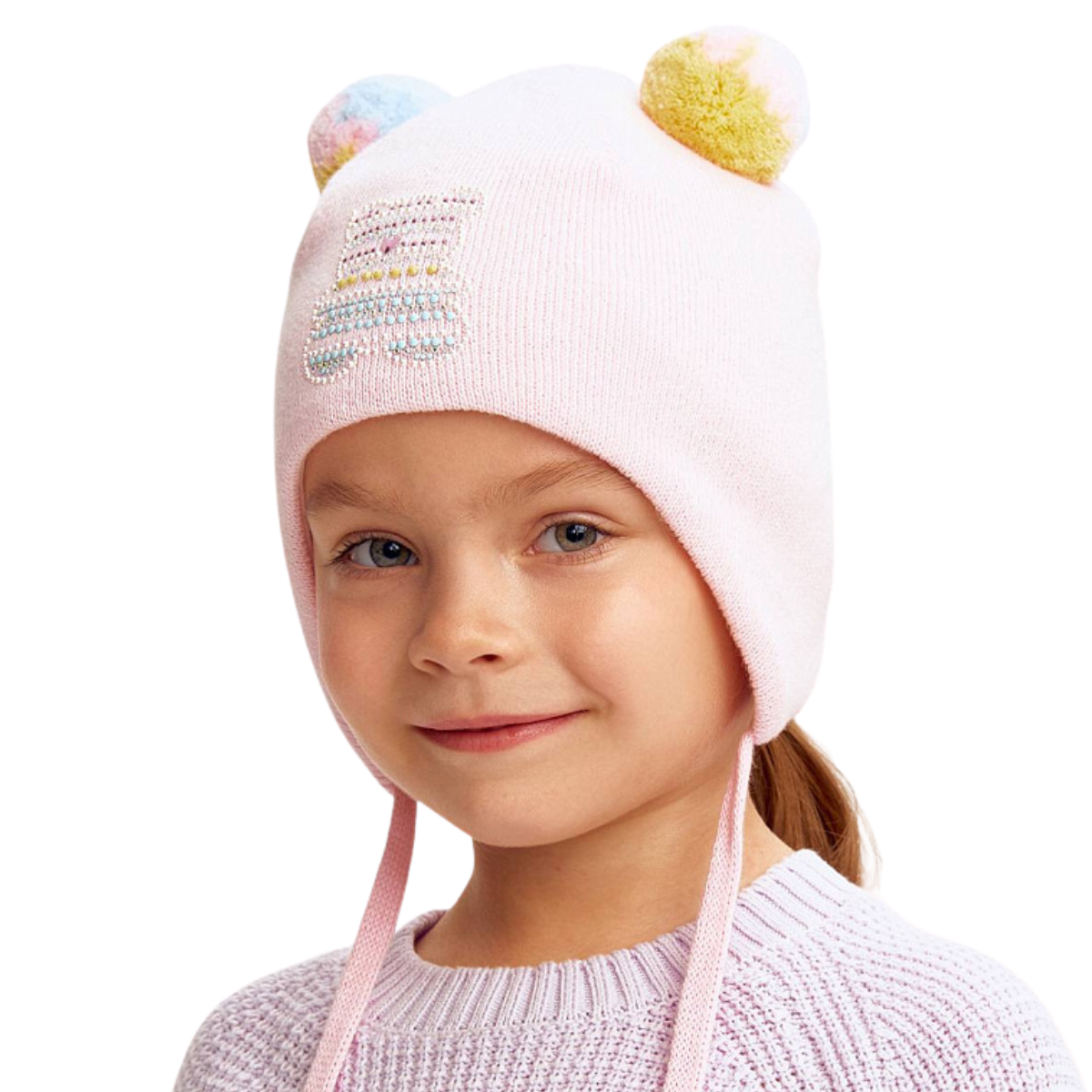 11723 Girls’ Cotton Tie Hat – Rainbow Pom Ears & Sparkly Kitty Design | 100% Cotton Inside & Out | Size 48-50 / 9-18 Months | Lightweight Spring/Fall Beanie with Ties