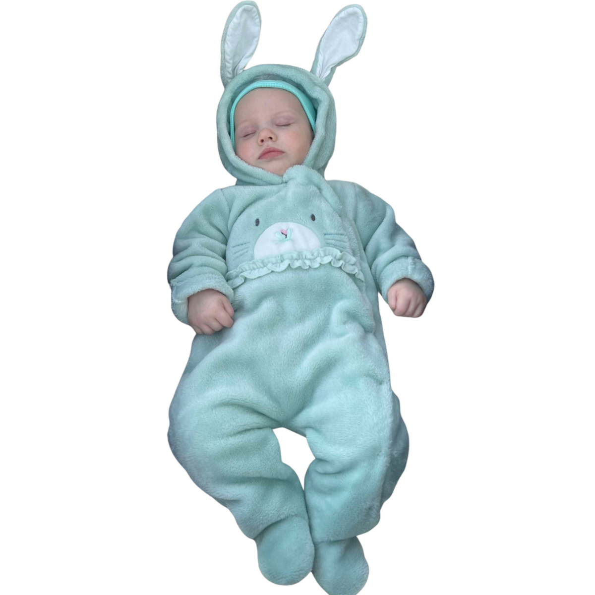 8424 Caramell Baby Girl Plush Jumpsuit with Hood & Bunny Ears β Closed Feet | Sizes 0β9 Months | Made in Turkey