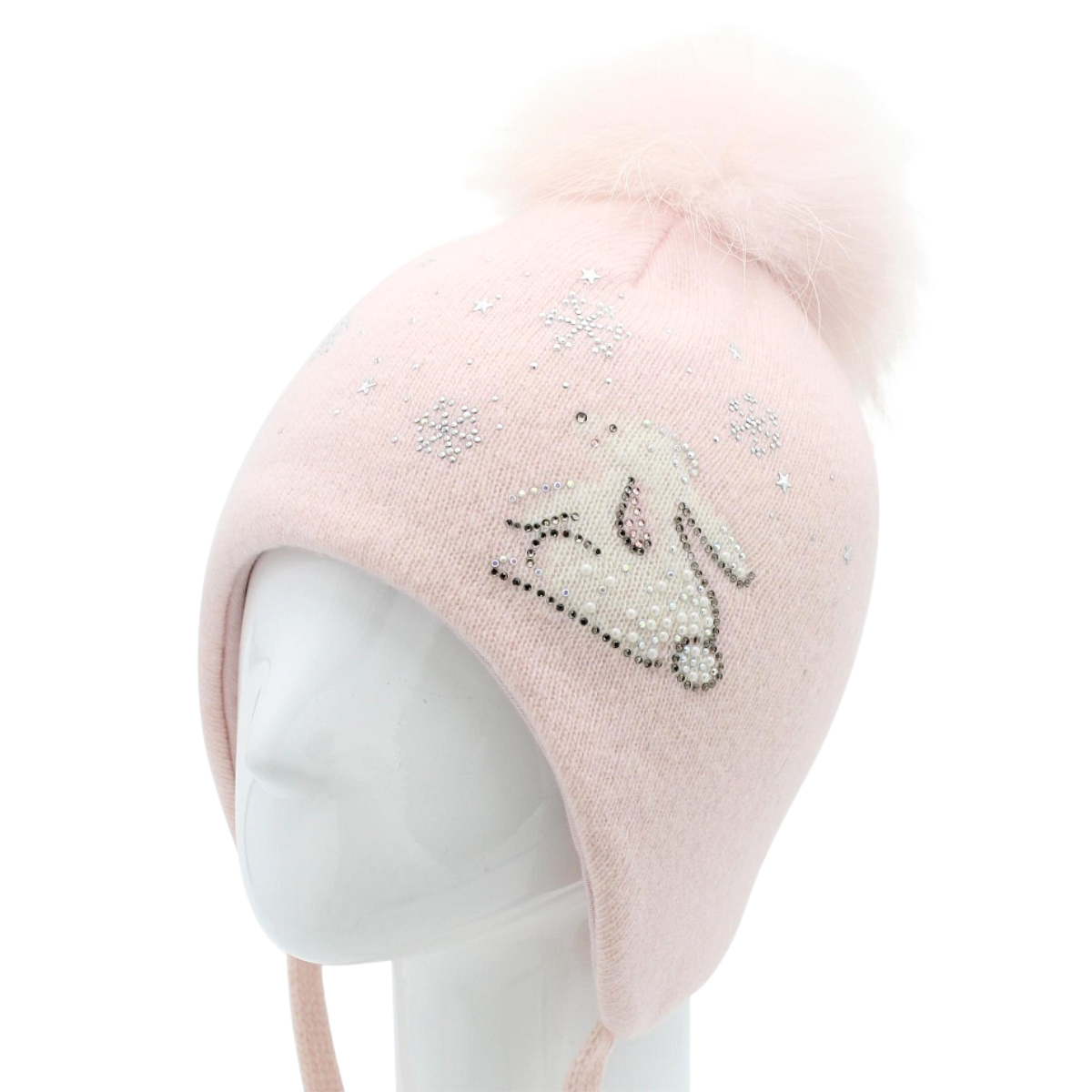 12315 Baby Girls’ Winter Hat with Ears | Natural Fur Pom-Pom | 9-18 Months | Cashmere Wool Blend, Cotton Lining