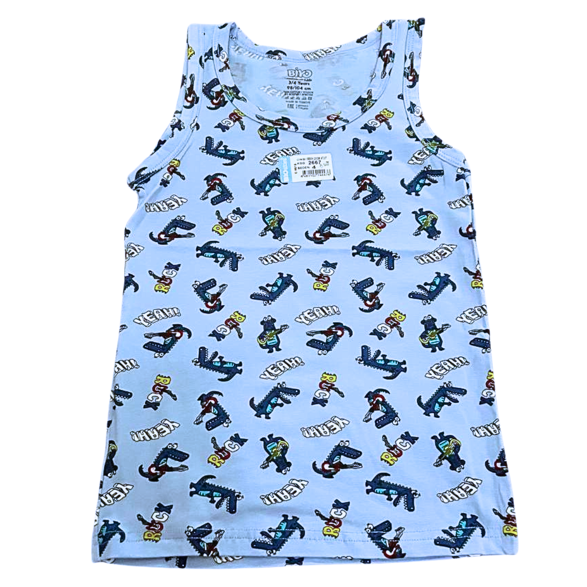 2667 BiyoKids Boys’ Tank Tops with Fun Prints (Crocodile & Construction Designs) – 95% Cotton, 5% Elastane | Ages 1–10 | Made in Turkey