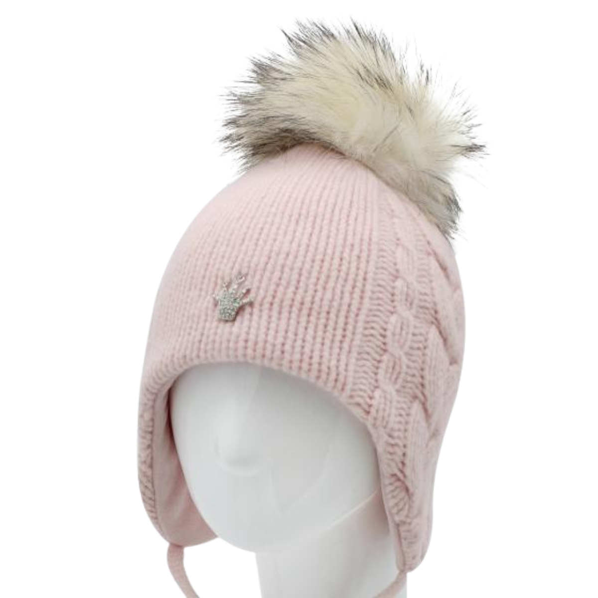 70478 Girls’ Winter Knit Hat with Natural Fur Pom-Pom & Metal Crown with Rhinestones | Size 52–54 cm | Ages 3–5 Years | Wool & Cashmere Blend | Cotton Lining