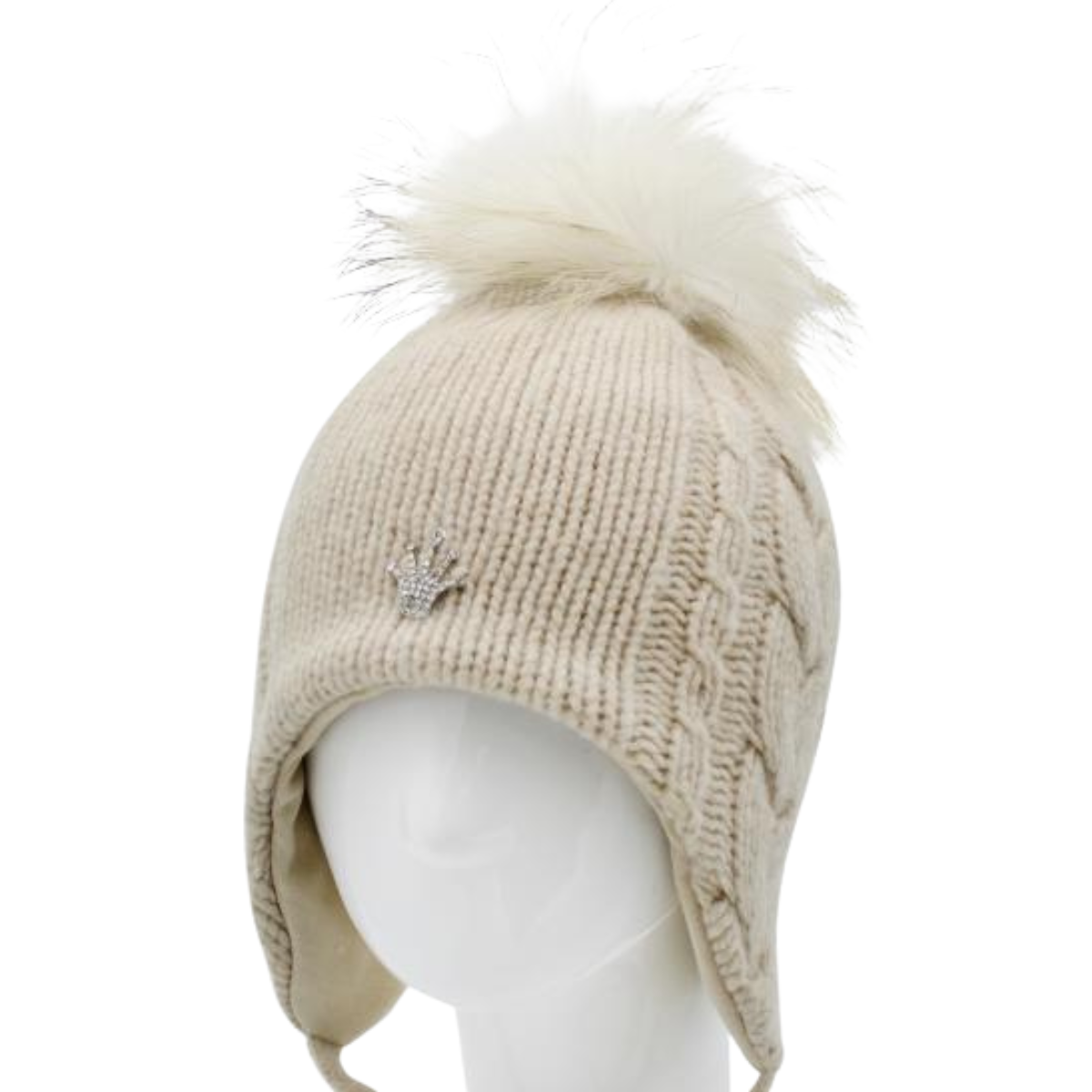 70478 Girls’ Winter Knit Hat with Natural Fur Pom-Pom & Metal Crown with Rhinestones | Size 52–54 cm | Ages 3–5 Years | Wool & Cashmere Blend | Cotton Lining