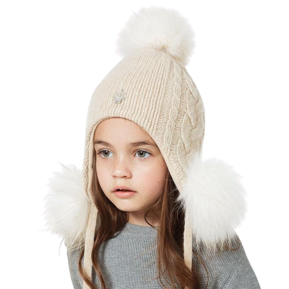 80927 Girls’ Winter Knit Hat with Three Natural Fur Pom-Poms & Metal Crown with Rhinestones | Size 52–54 cm | Ages 3–5 Years | Wool & Cashmere Blend | Cotton Lining