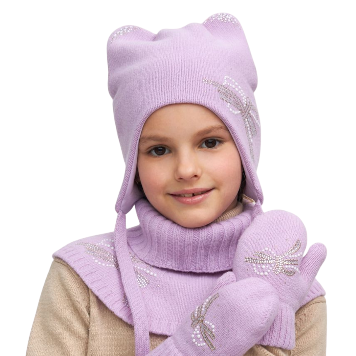 11010 Girls’ Winter Knit Hat with Cat Ears & Rhinestone Bow | Size 52–54 cm | Ages 3–5 Years | Wool & Cashmere Blend | Cotton + Membrane Lining
