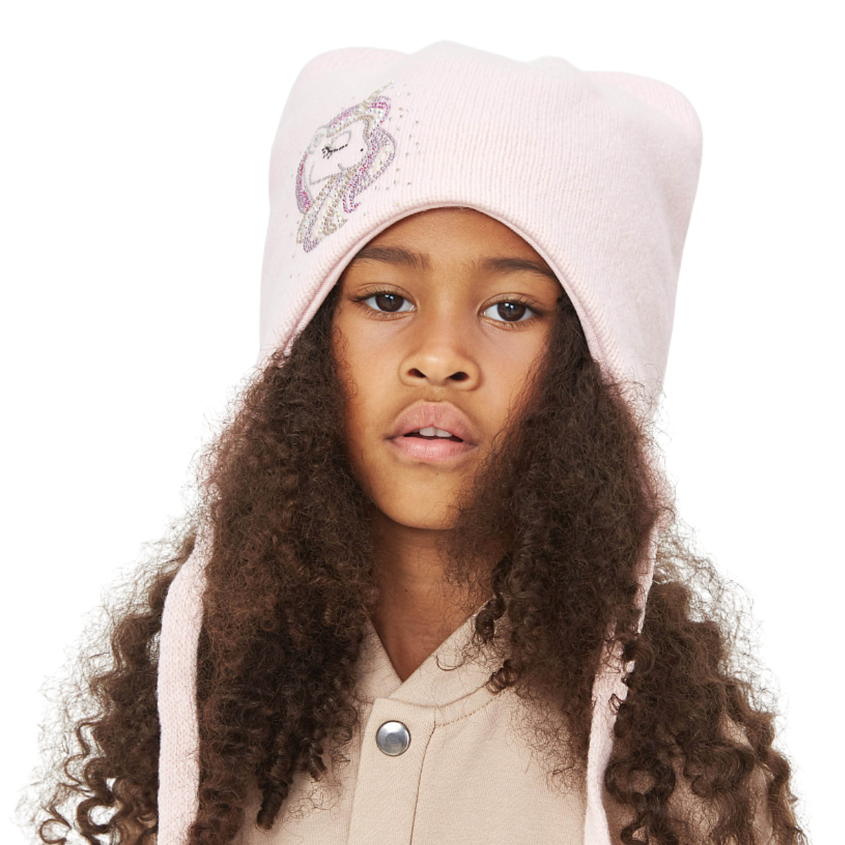 11343 Girls’ Winter Knit Hat with Unicorn Rhinestone Appliqué & Tie Strings | Size 54–56 cm | Ages 6–12 Years | Cashmere & Wool Blend, Cotton Lining