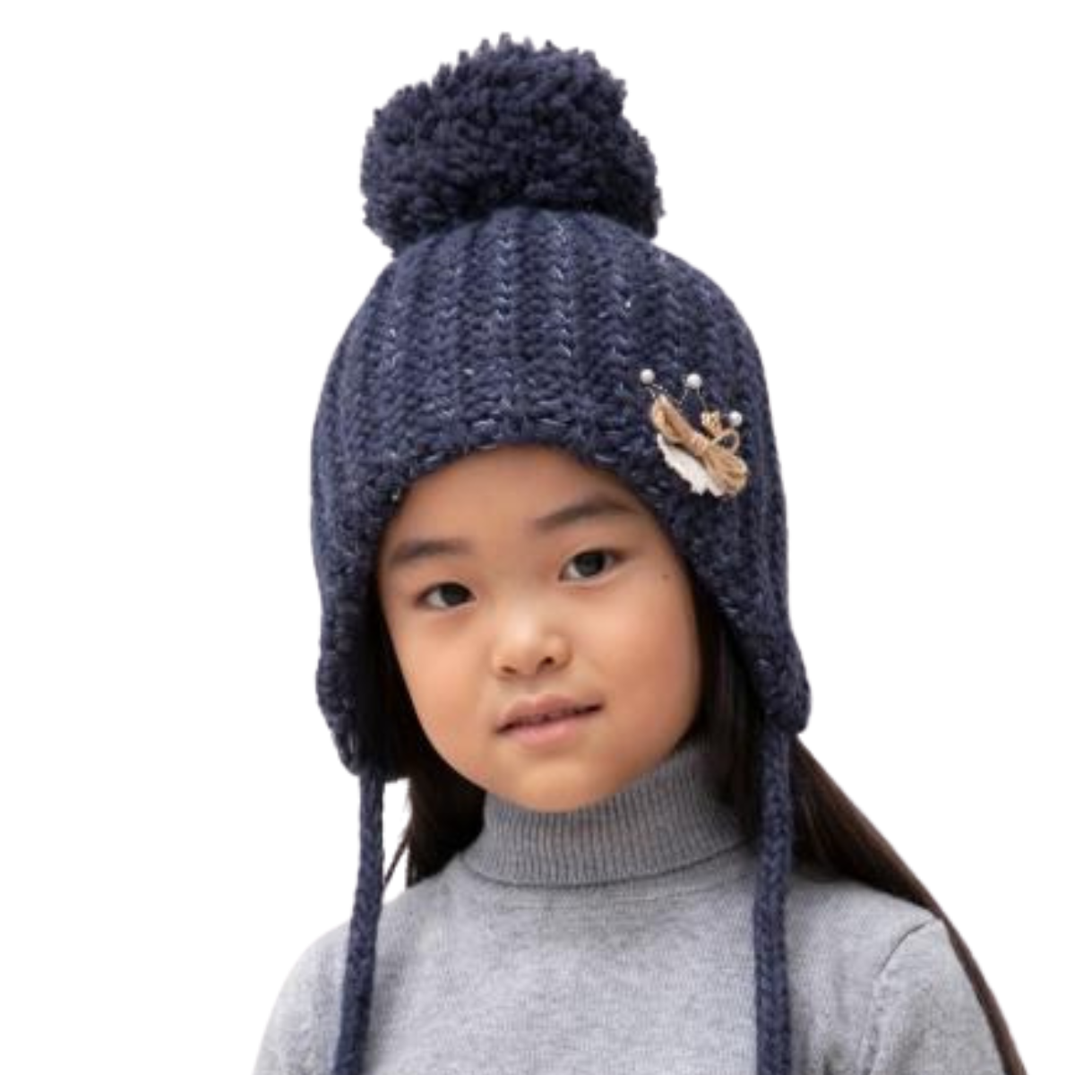 80367 Girls’ Winter Knit Hat with Pom-Pom | Crown Appliqué & Subtle Sequins | Ages 6–12 / 54–56 cm | Baby Alpaca, Wool | 100% Cotton Lining