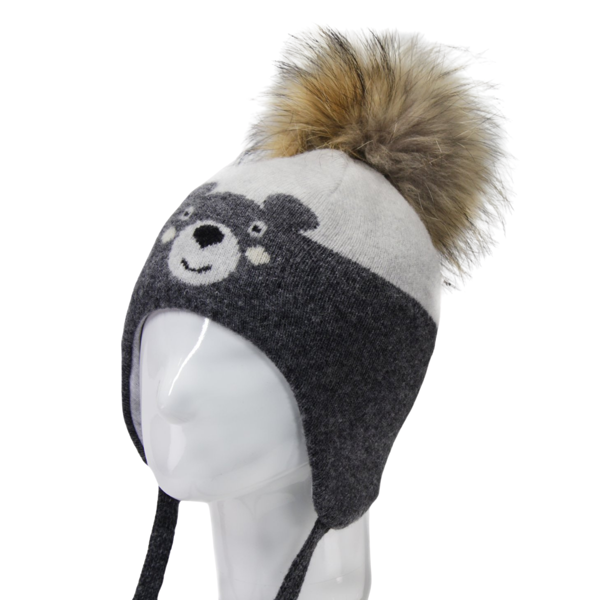 80573 Boys’ Knitted Winter Hat with Bear Design & Natural Fur Pom-Pom | Sizes 48–50 cm | 9–18 Months | Сashmere, Wool | 100% Cotton Lining