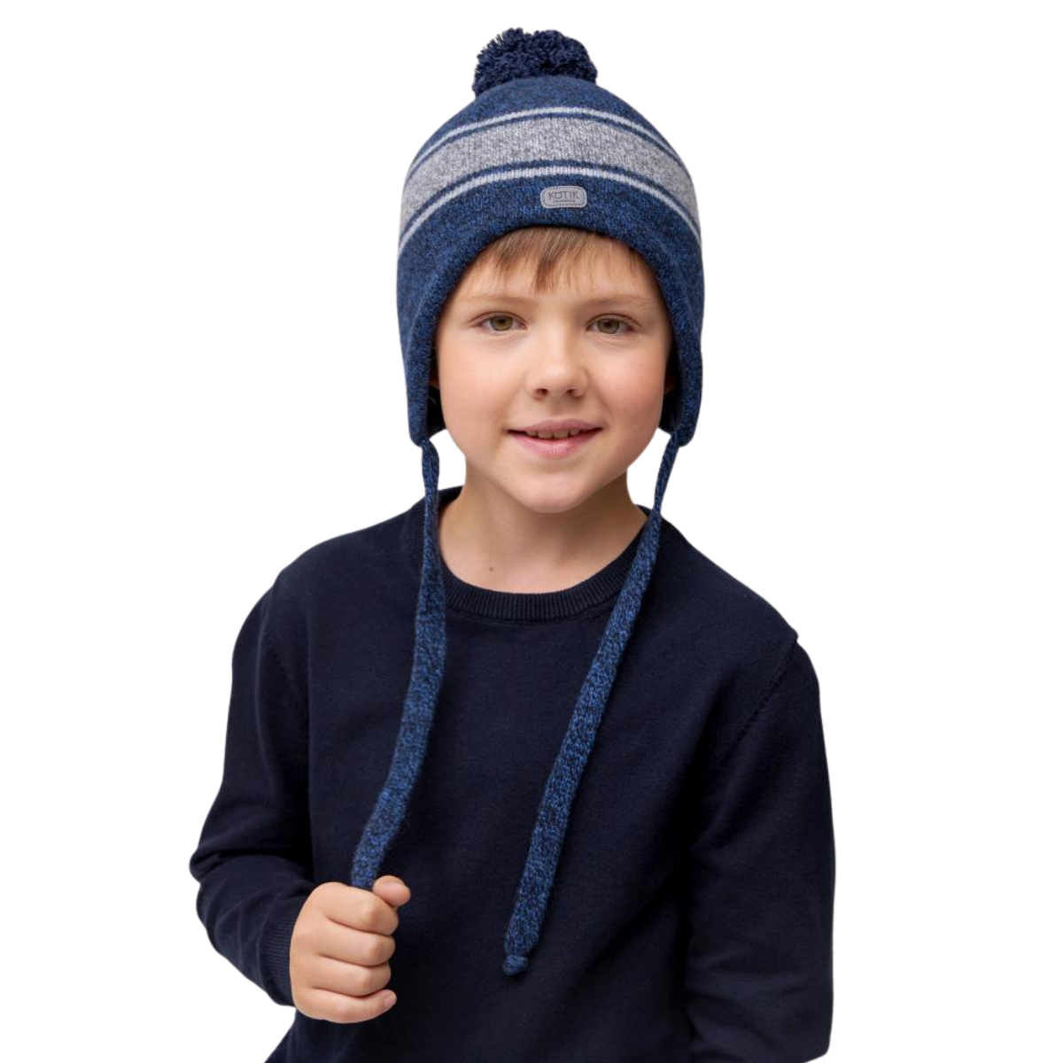 10120 Boys’ Winter Knit Hat with Stripes, Earflaps & Pom-Pom | Size 52-54 | 3–5 years | Cashmere, Wool | 100% Cotton Lining