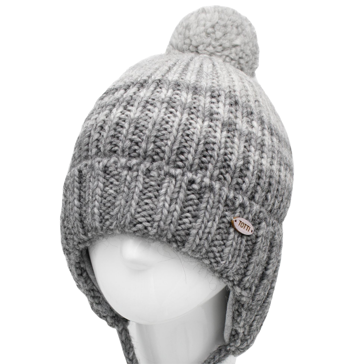 10100 Boys’ Winter Knit Hat with Pom-Pom & Earflaps – Gray Ribbed Design | Size 52-54 | 3–5 years | Baby Alpaca, Wool | 100% Cotton Lining
