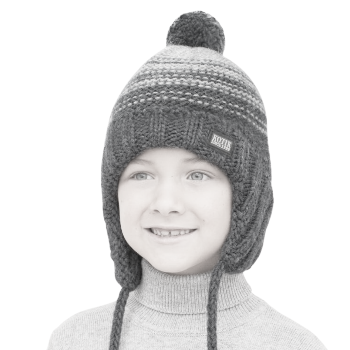 90133 Boys’ Knitted Winter Hat with Earflaps & Pom-Pom – Gray Wool Blend | Sizes 54–56 | Ages 6–12 Years