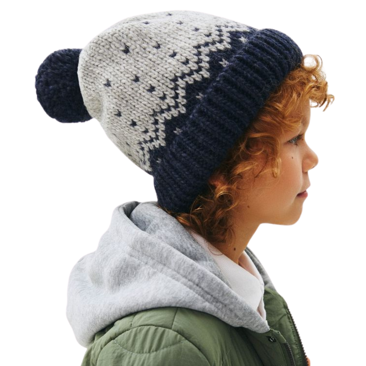 10032 Boys’ Knitted Winter Beanie with Nordic Pattern & Pom-Pom – Wool Blend | Sizes 54–56 | Ages 6–12 Years