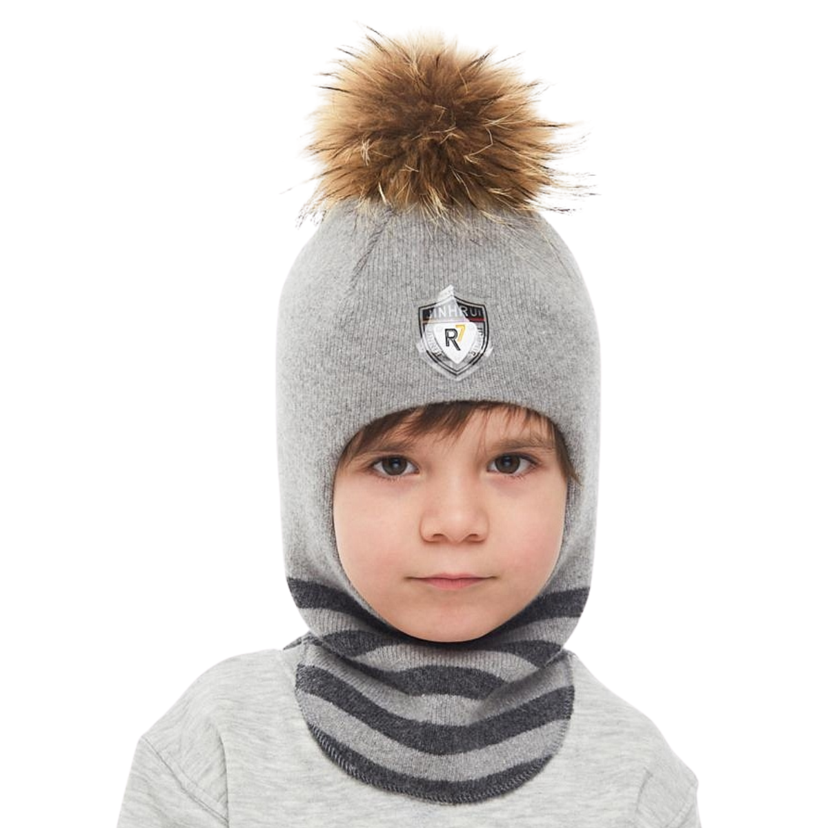 70561 Boys’ Wool & Cashmere Winter Balaclava with Natural Fur Pom-Pom and Crest Patch | Ages 7-8 Years | Sizes 55-56