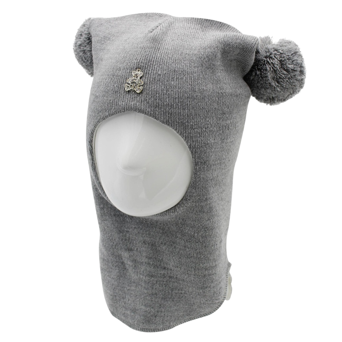 60655 Girls’ Knitted Winter Balaclava with Teddy Bear Brooch & Double Pom-Poms | Cashmere & Wool | 18–30 Months, 3–4 Years (50-54)