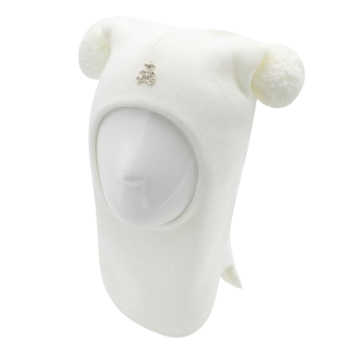 60655 Girls’ Knitted Winter Balaclava with Teddy Bear Brooch & Double Pom-Poms | Cashmere & Wool | 18–30 Months, 3–4 Years (50-54)