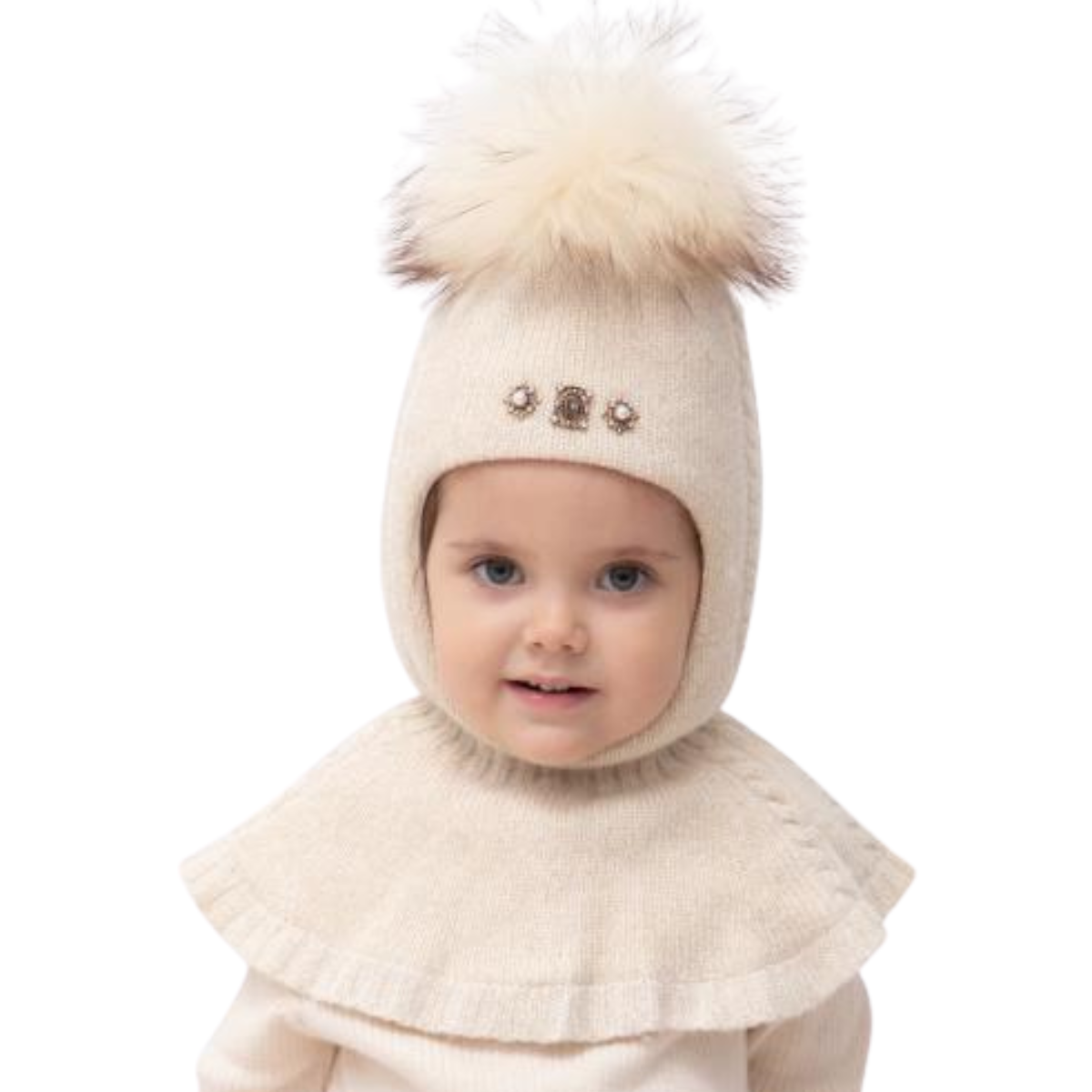 80638 Girls’ Knitted Winter Balaclava with Lurex, Fur Pom-Pom & Crystal Brooches | Сashmere, Wool | Ages 18–30 Months, 3–4 Years