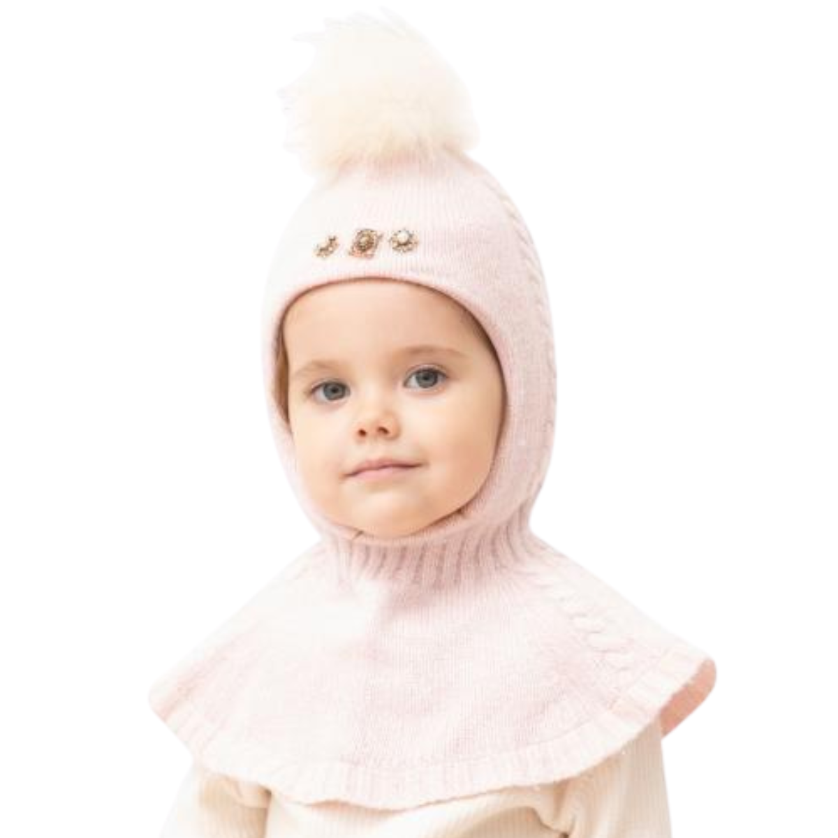 80638 Girls’ Knitted Winter Balaclava with Lurex, Fur Pom-Pom & Crystal Brooches | Сashmere, Wool | Ages 18–30 Months, 3–4 Years