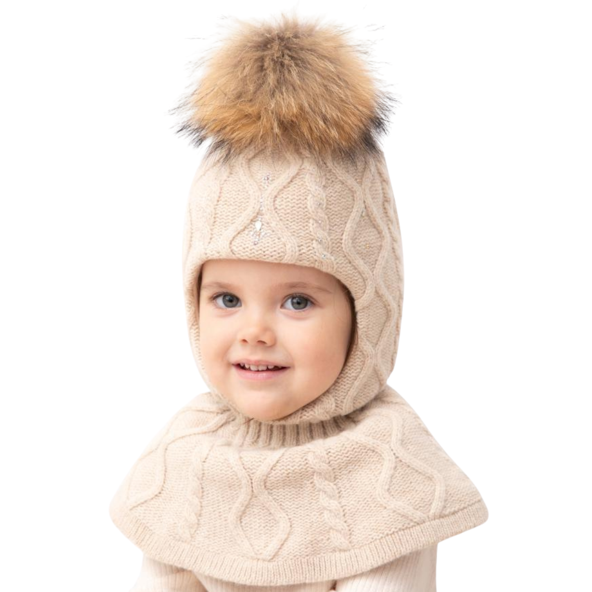 80557 Girls’ Knitted Winter Balaclava with Rhinestones, Cable Knit & Natural Fur Pom-Pom | Sizes 50–55 cm | Ages 18–30 Months, 3–4, 5–6 Years