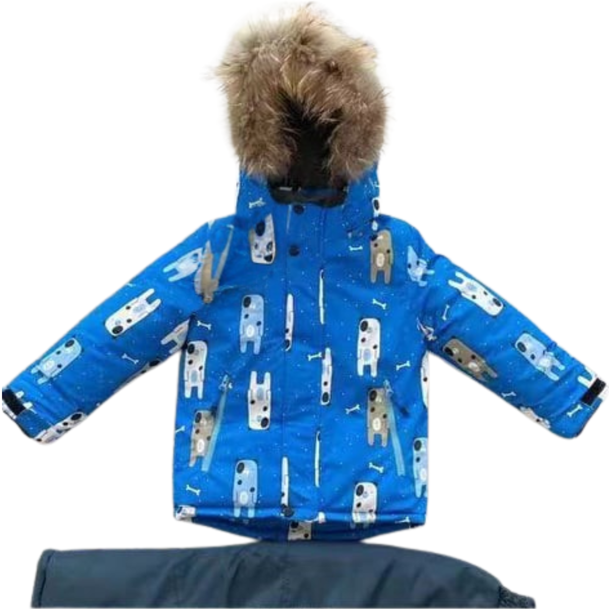 513 Winter Membrane Set for Boys with Natural Fur Hood (Jacket + Snow Bib Pants) | Bear Print Design | 92–116 cm (2–6 Years) | Up to −30°C (−22°F)