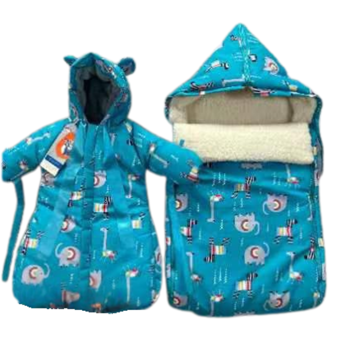 803 Warm Winter Set for Baby Boys | Stroller Set: Sleeping Bag + Jumpsuit | Safari Animals Print | Faux Fur & Fleece Lining | From +5°C to −30°C (41°F to −22°F)