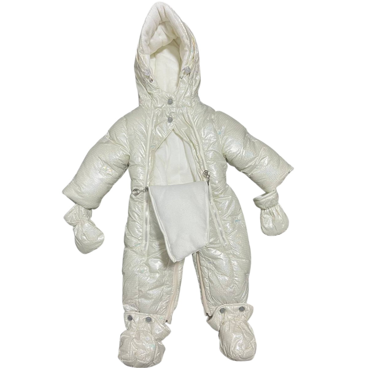 281 Girls Baby Winter Snowsuit with Natural Fur | Iridescent Pearl Finish | Mittens & Booties | Double Zipper | 68–86 cm (6–18 Months) | –25 °C / –13 °F Without Layering, –35 °C / –31 °F With Layering