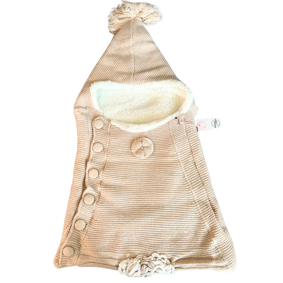 7001 Knitted Baby Sleeping Bag with Faux Fur Lining & Pom-Pom Hood | Unisex | Turkey