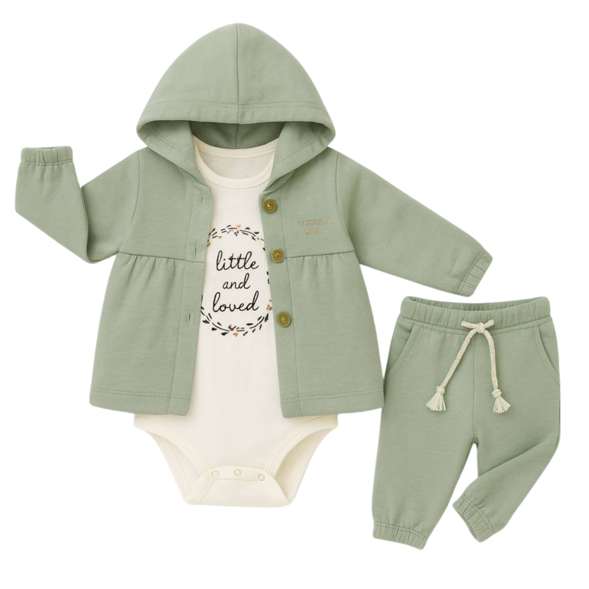 2815 3-Piece Warm Set for Baby Girls — Fleece-Lined Hooded Button Jacket, Fleece-Lined Pants & 100% Cotton Bodysuit | 6–24 Months | Turkey