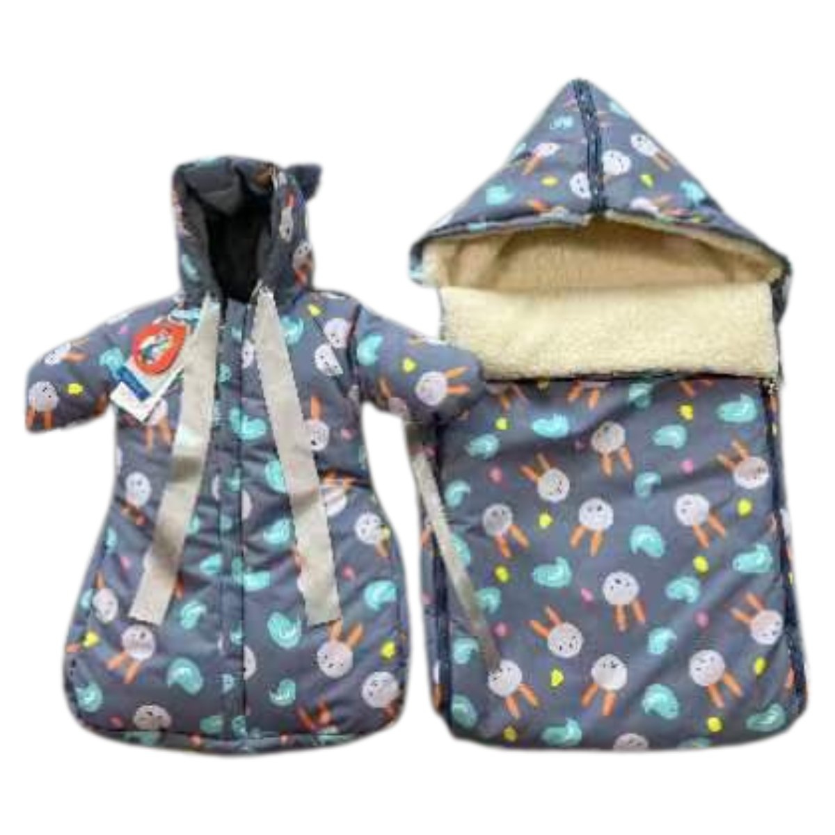 801 Warm Winter Set for Baby Girls | Stroller Set: Sleeping Bag + Jumpsuit | Cute Bunny Faces Print | Faux Fur & Fleece Lining | From +5°C to −30°C (41°F to −22°F)