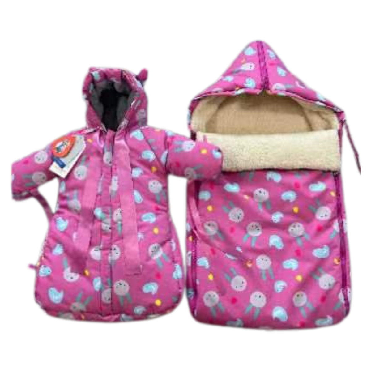 801 Warm Winter Set for Baby Girls | Stroller Set: Sleeping Bag + Jumpsuit | Cute Bunny Faces Print | Faux Fur & Fleece Lining | From +5°C to −30°C (41°F to −22°F)