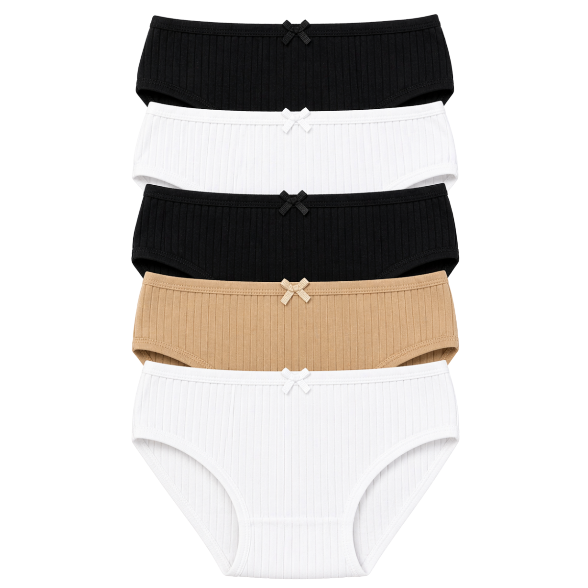 3780 BIYO Kids Girls’ Cotton Underwear – Soft & Stretchy Panties | Ribbed Fabric | Cotton | 5-Pack (Black, White & Beige) | Ages 3–12 | Made in Turkey | Perfect for Dance & Gymnastics