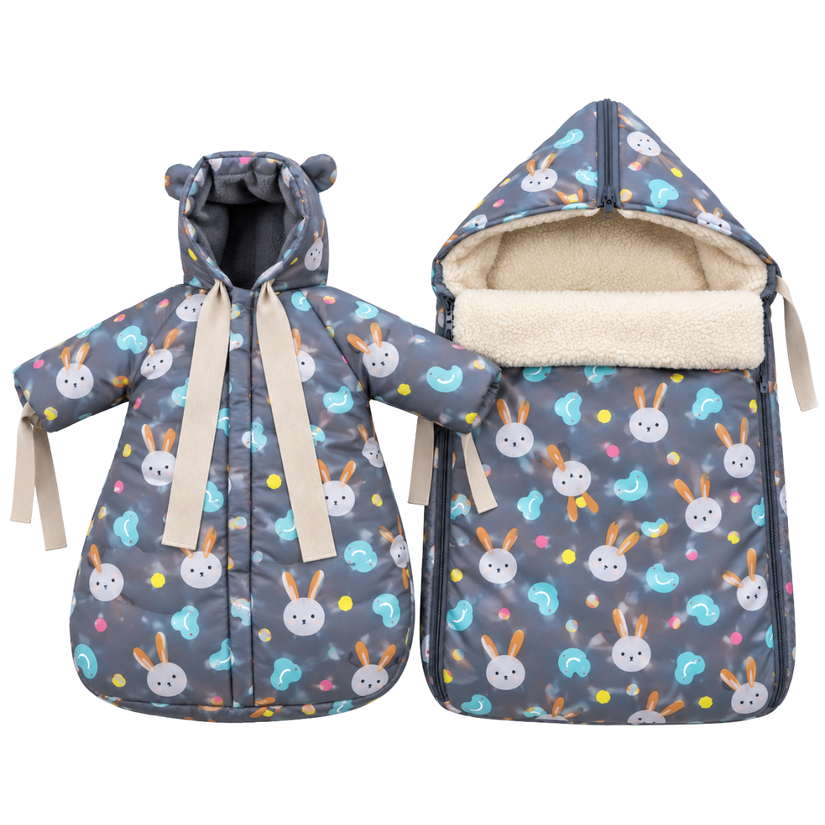 801 Warm Winter 2-Piece Set for Baby Girls | Stroller Set: Sleeping Bag + Jumpsuit | Cute Bunny Faces Print | Faux Fur & Fleece Lining | From +5°C to −30°C (41°F to −22°F)