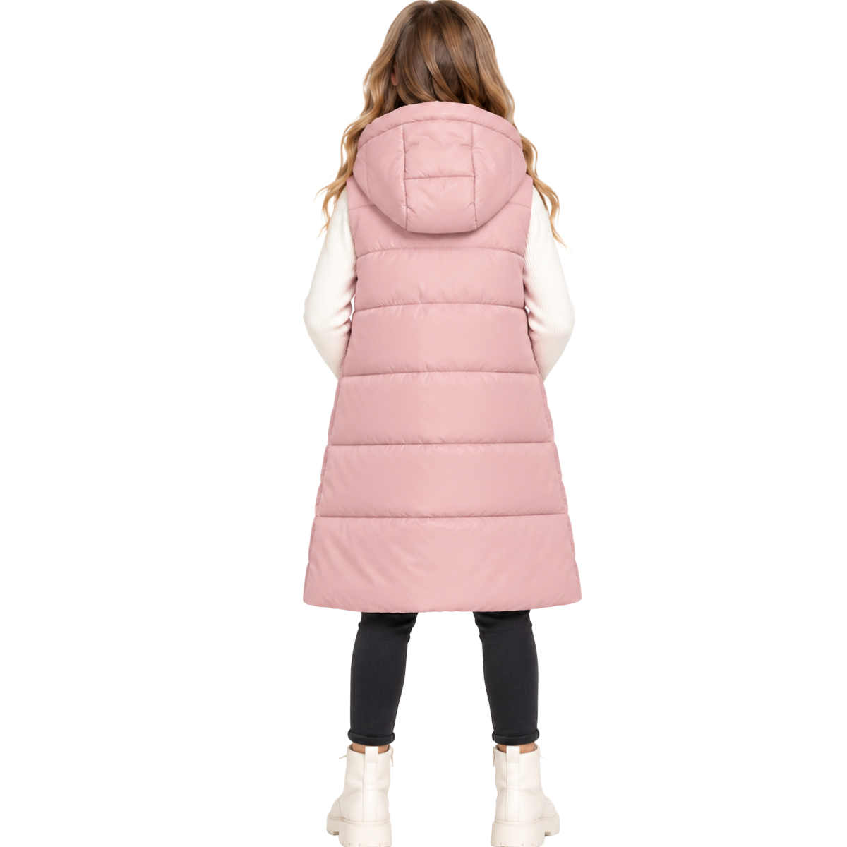 016 Girls Long Hooded Puffer Vest – Quilted Sleeveless Jacket with Pockets | Fall & Winter | Ages 7–14 | Sizes 130–160 cm
