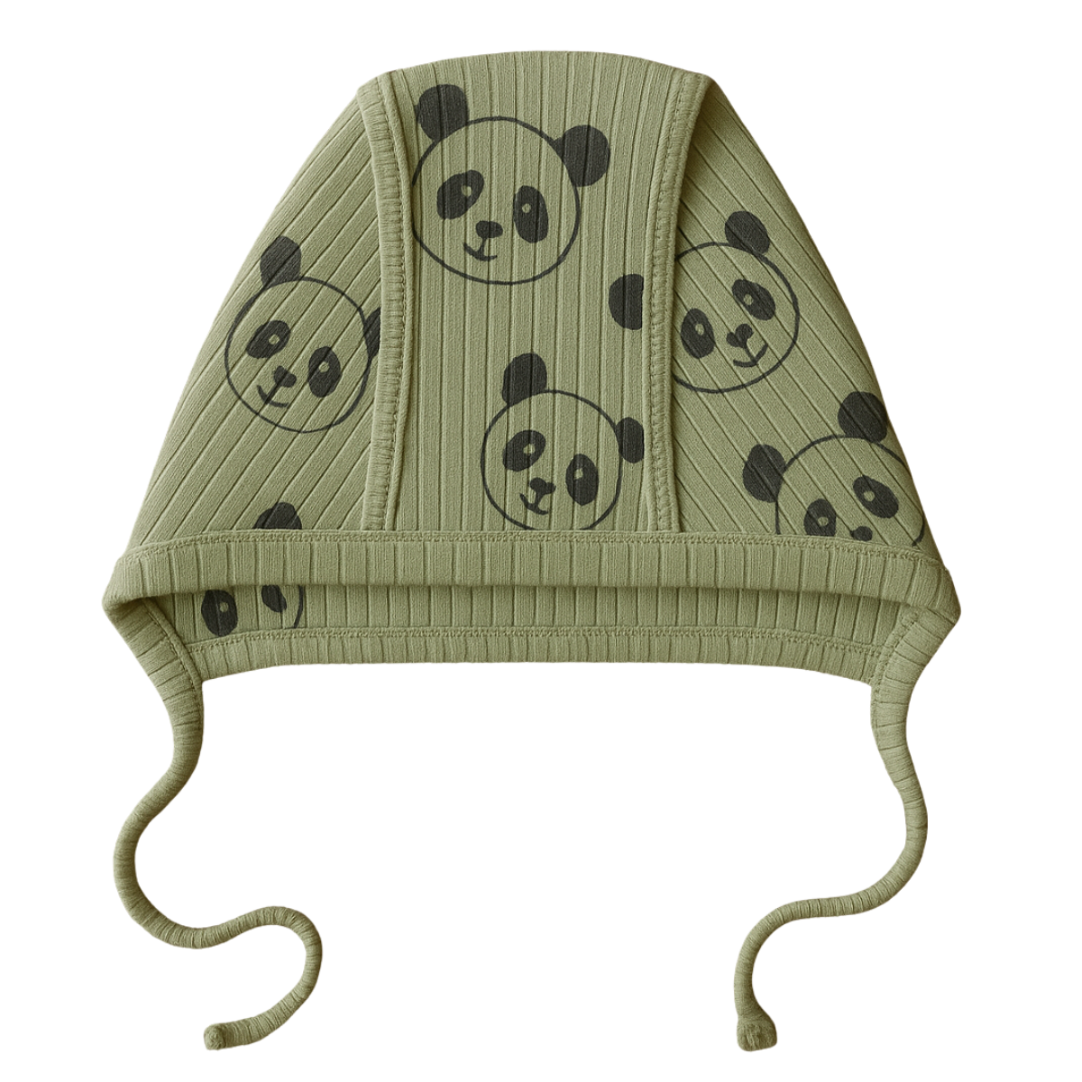 3199 Wowo Ribbed Cotton Unisex Baby Bonnet with Ties β Panda Print | 100% Cotton | Outside Seams | 0β3 Months | Made in Turkey