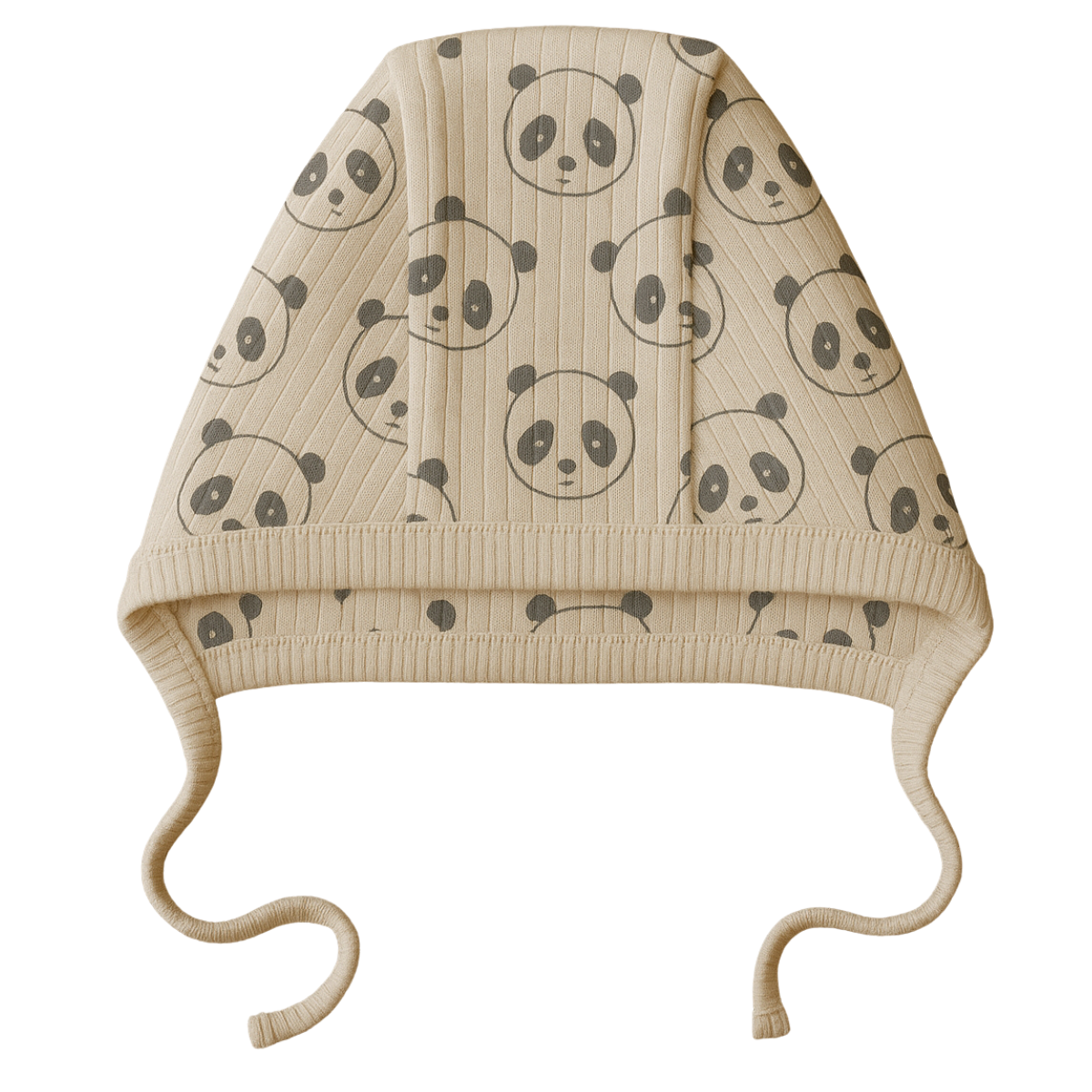 3199 Wowo Ribbed Cotton Unisex Baby Bonnet with Ties β Panda Print | 100% Cotton | Outside Seams | 0β3 Months | Made in Turkey
