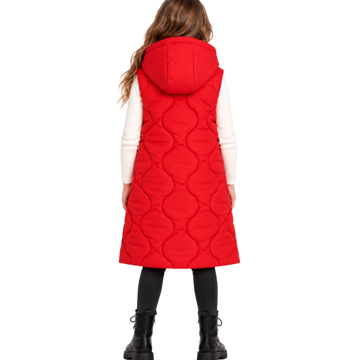 8802 Girls Long Hooded Puffer Vest – Quilted Sleeveless Jacket | Fall & Winter | Ages 7–14 | Sizes 130–160 cm