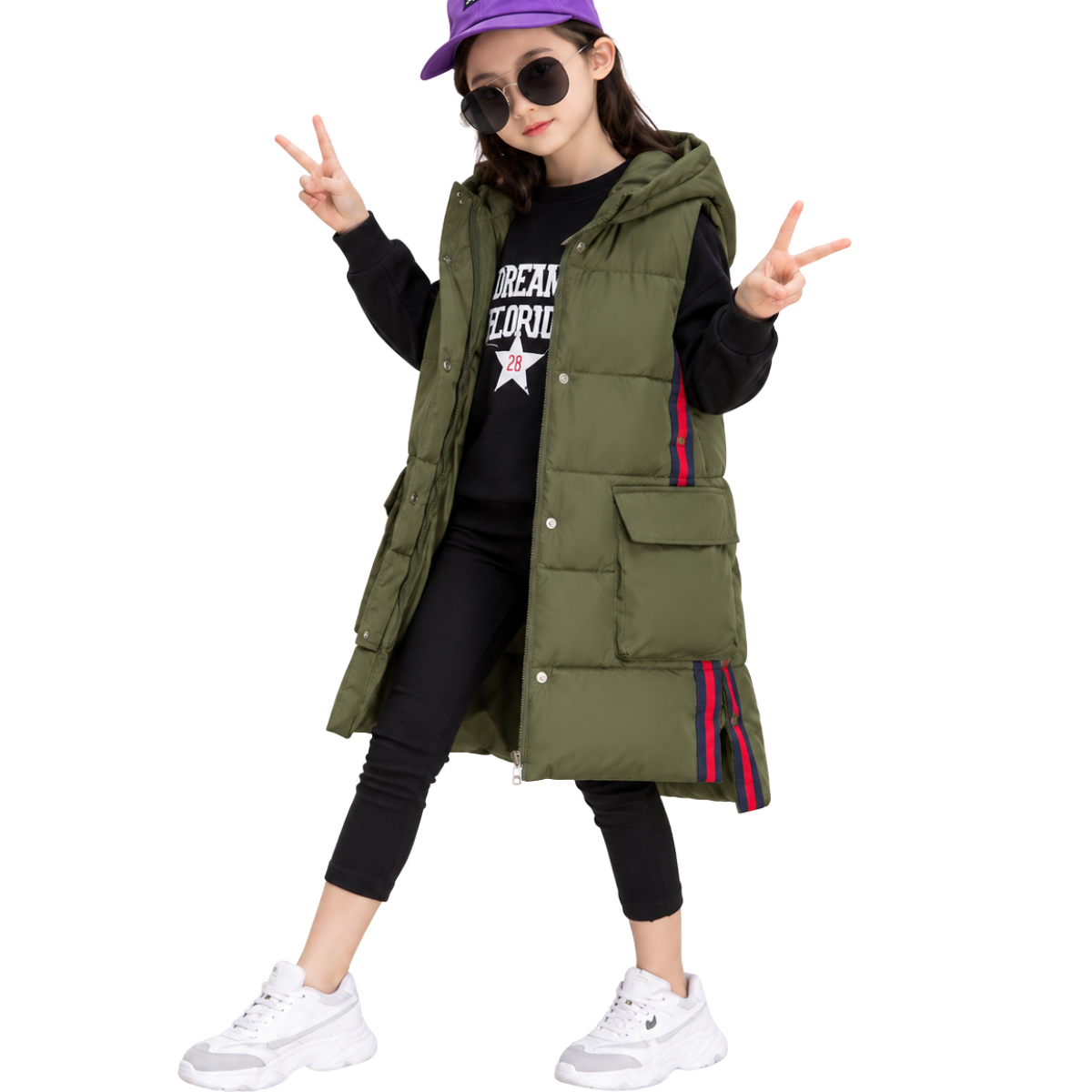 018 Girls Long Hooded Puffer Vest – Quilted Sleeveless Jacket with Side Slits | Fall & Winter | Sizes 130–150 cm | Ages 7–12