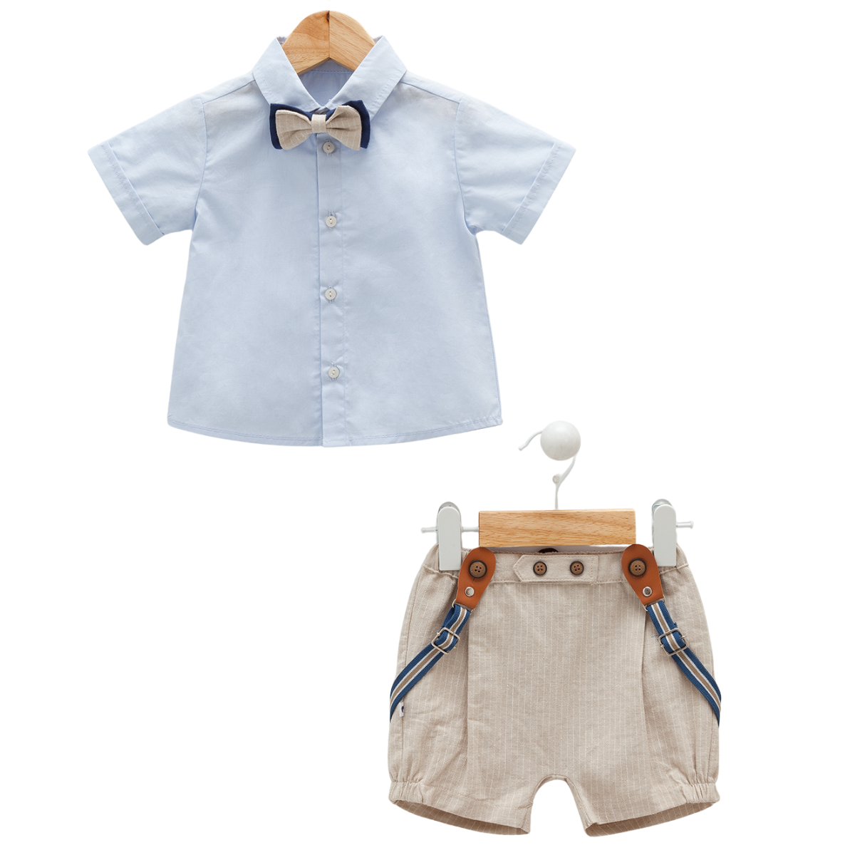 8047 Baby Boy Dressy Outfit β Short-Sleeve Shirt with Bow Tie & Suspender Shorts Set | 100% Cotton | 3β12 Months | Elegant Look for Holidays & Photoshoots