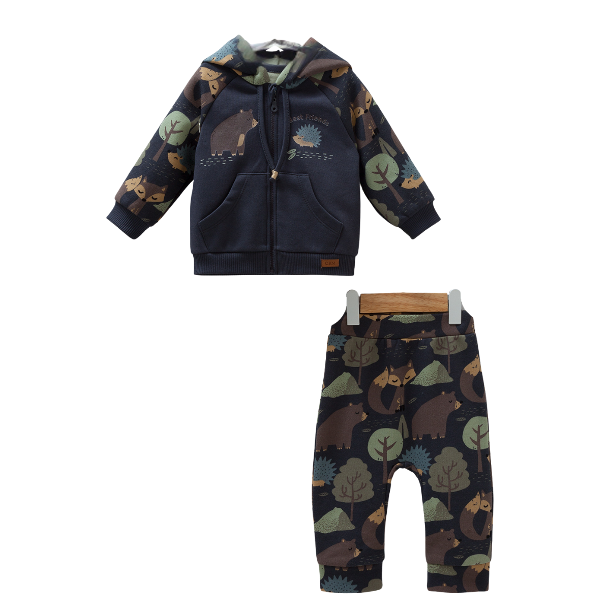 8249 Caramell Baby Boy 3-Piece Set β Pants, T-Shirt & Zip-Up Hoodie with Hood | Blue Fox Print | Cotton | Sizes 3β18 Months | Cotton | Turkey