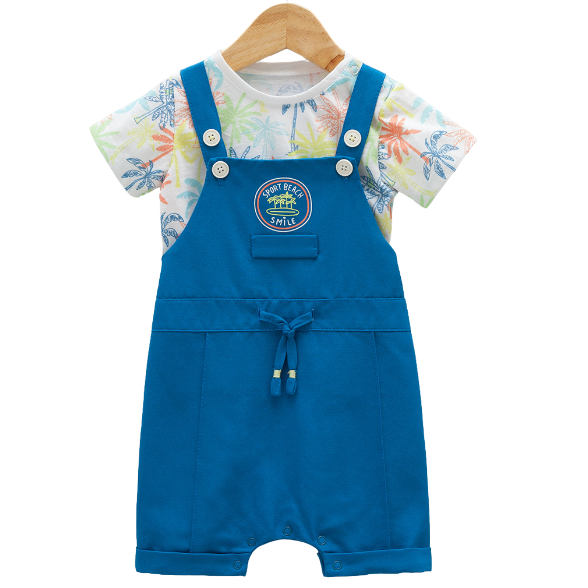 8098 Baby Romper & T-Shirt Summer Set β Sleeveless Overalls with Palm Print Tee | 100% Cotton | 0β12 Months | Bright & Fun Outfit for Beach Days & Photoshoots