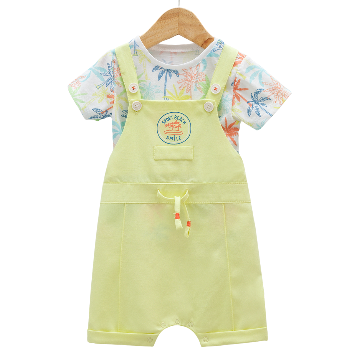 8098 Baby Romper & T-Shirt Summer Set β Sleeveless Overalls with Palm Print Tee | 100% Cotton | 0β12 Months | Bright & Fun Outfit for Beach Days & Photoshoots