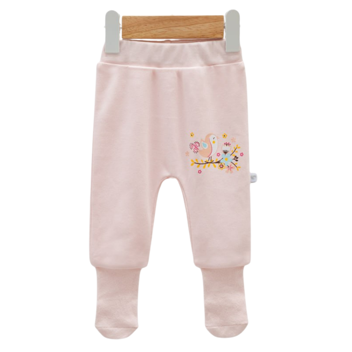 8210 Newborn Baby Girl Footed Pants with Knitted Bottom – with "Birds" Print | 100% Cotton | 0–3M | Turkey