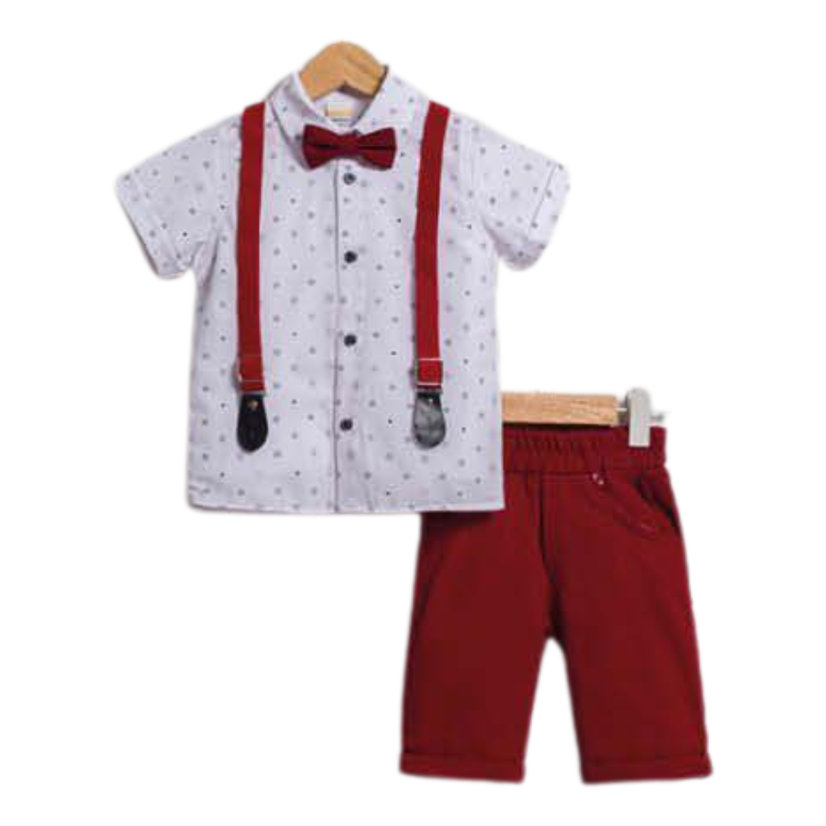 4154 Toddler Boy Dressy Outfit Set with Shirt, Shorts, Bow Tie & Suspenders – 100% Cotton Formal Clothes for Boys Ages 1–5 (86–104 cm) | POLLITO (Turkey)