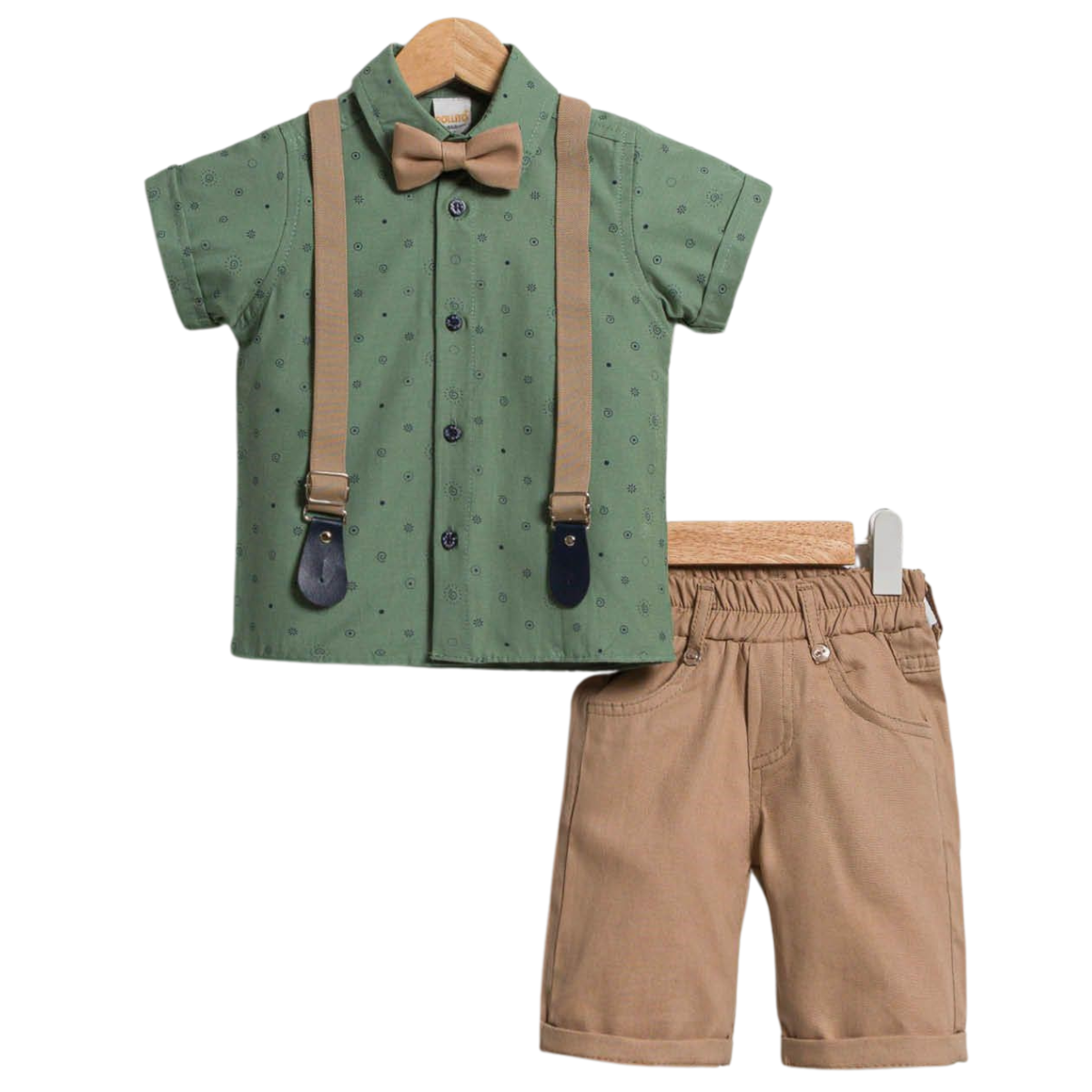 4154 Toddler Boy Dressy Outfit Set with Shirt, Shorts, Bow Tie & Suspenders – 100% Cotton Formal Clothes for Boys Ages 1–5 (86–104 cm) | POLLITO (Turkey)