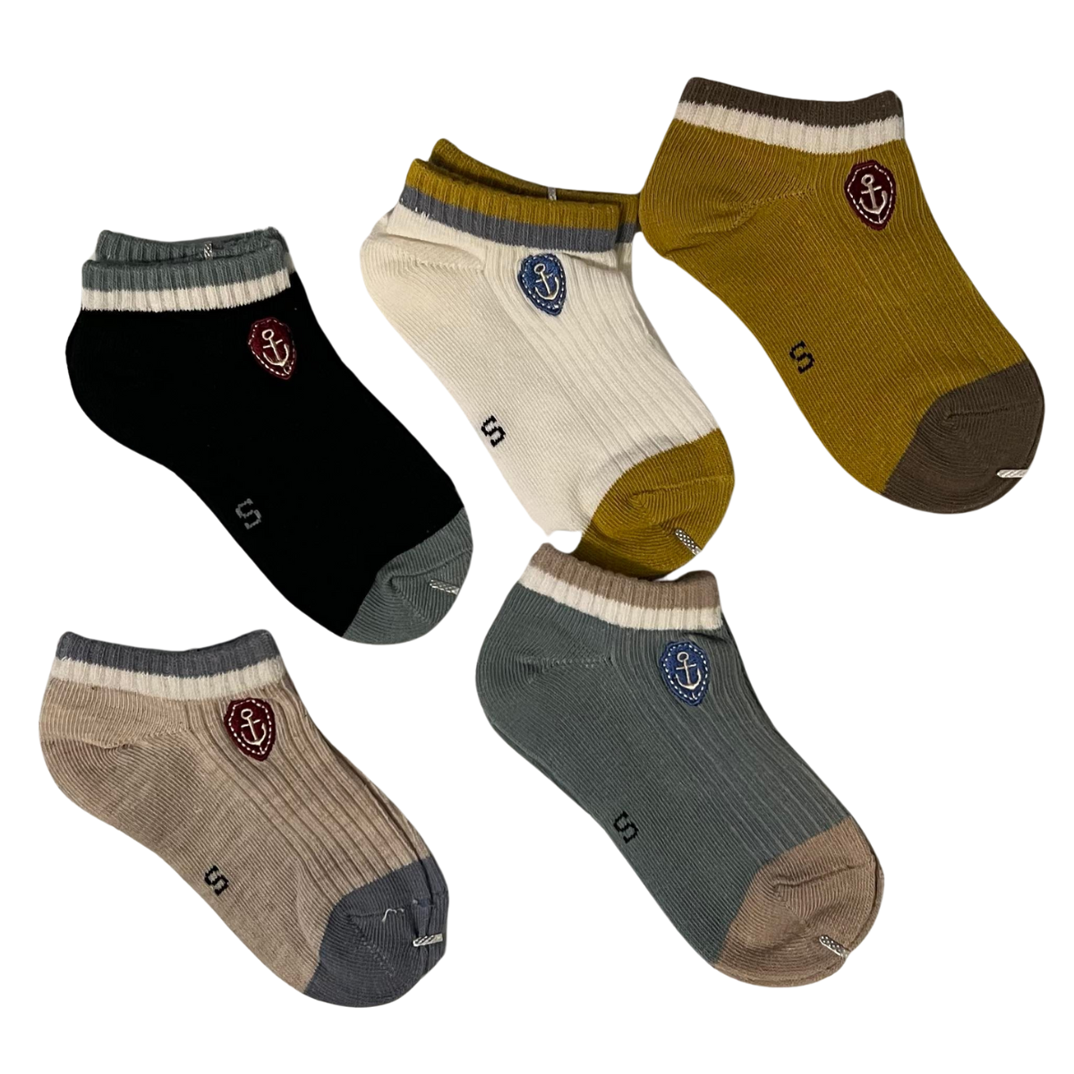 Low-Cut Thin Summer Cotton Socks for Baby Boys β Solid Colors with Anchor Emblem | 5-Pack | Ages 1β2 Years