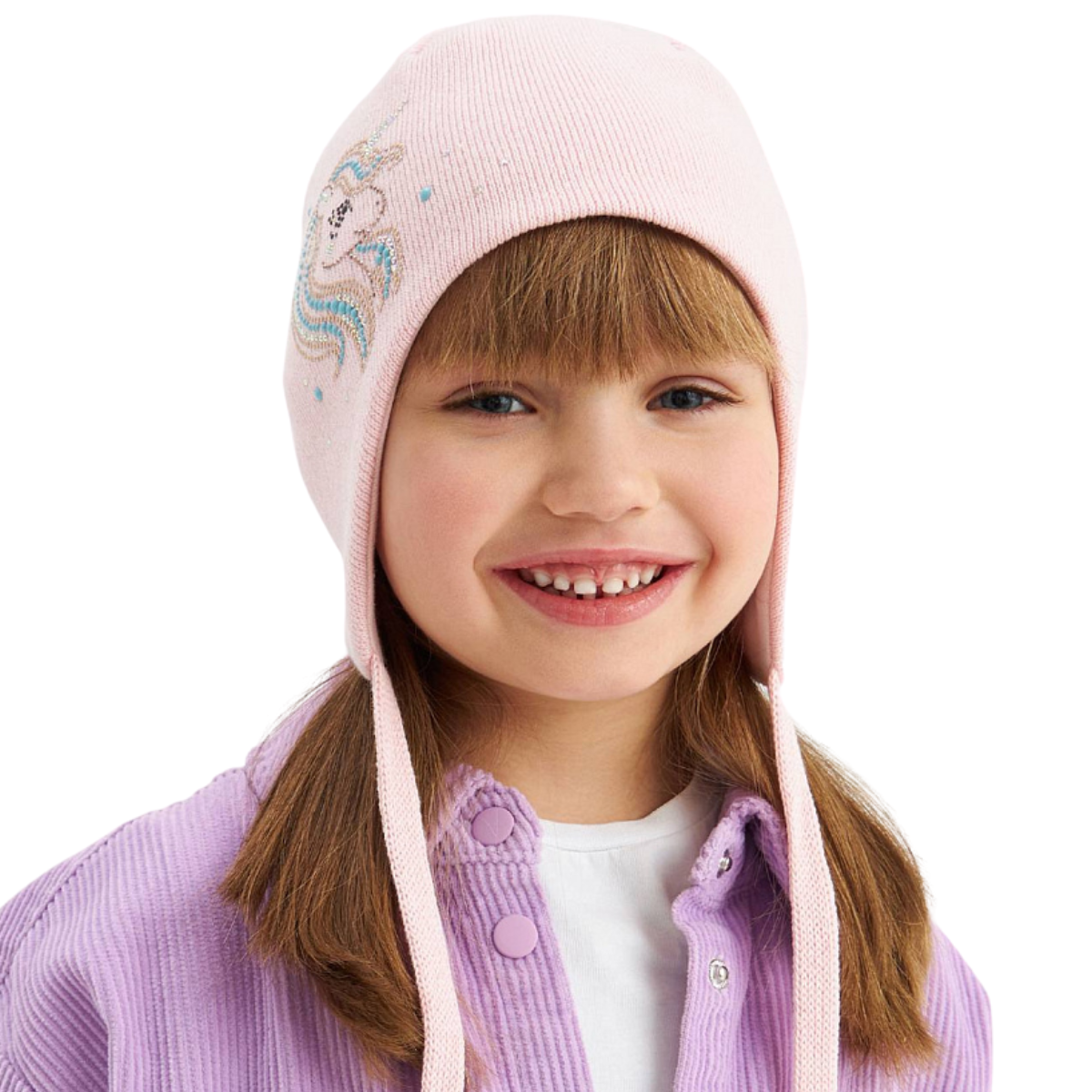 11718 Girls’ Knit Hat with Ties – Pink Unicorn & Blue Rhinestone Mane | Size 50-52 / 18-36 Months | 100% Cotton Inside & Out | Spring/Fall Beanie for Toddlers