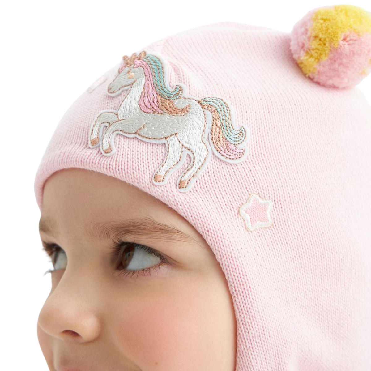 11724 Girls’ Knit Balaclava Hat – Unicorn & Star Patch Design with Pom-Poms | 100% Cotton Shell & Lining | Ages 2,4,6 Y | Spring/Fall Full-Coverage Hood