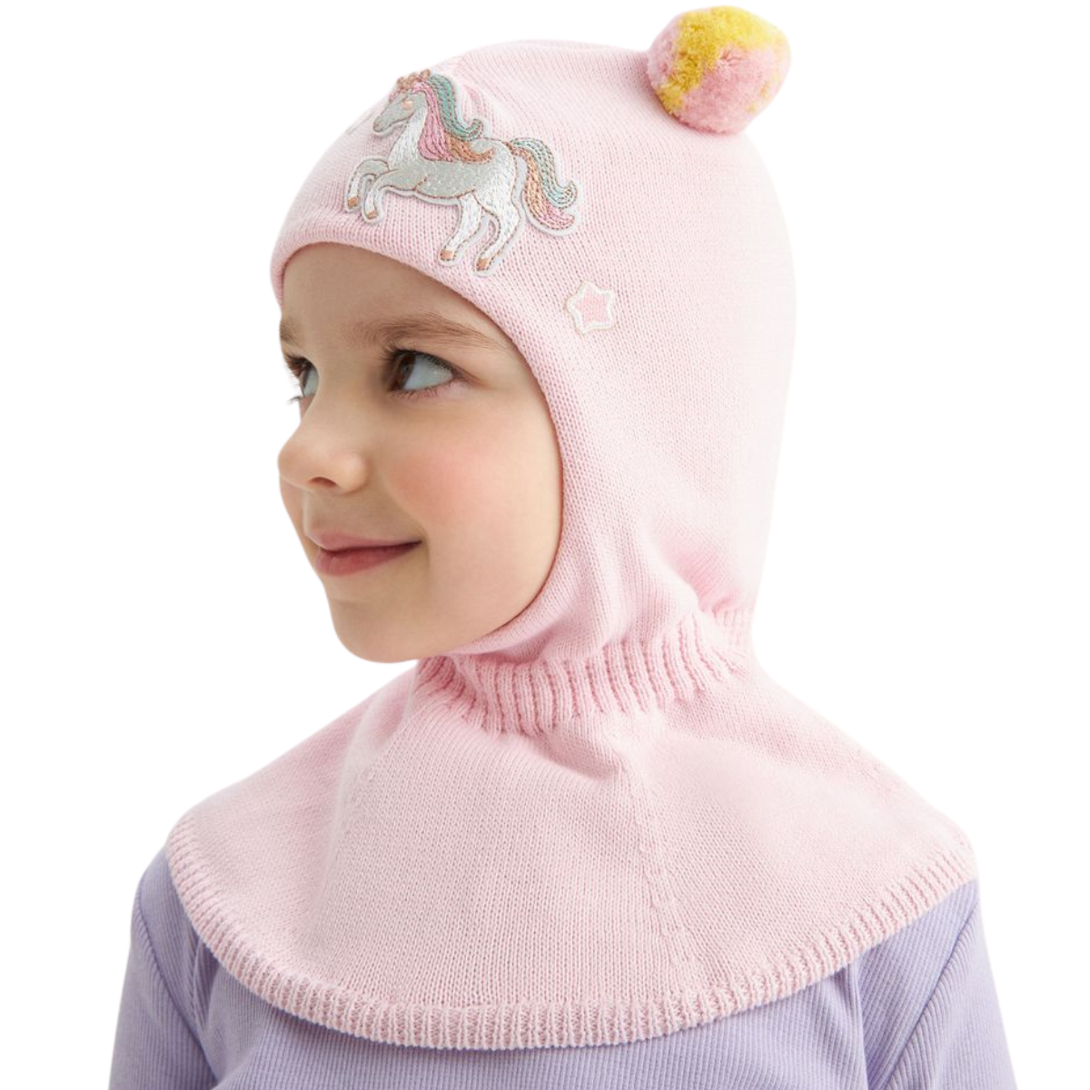 11724 Girls’ Knit Balaclava Hat – Unicorn & Star Patch Design with Pom-Poms | 100% Cotton Shell & Lining | Ages 2,4,6 Y | Spring/Fall Full-Coverage Hood