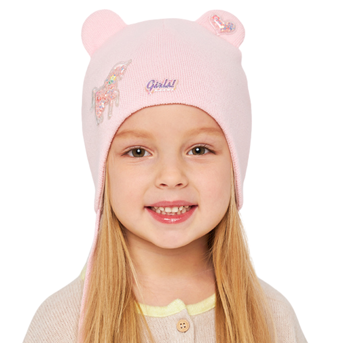 10845 Girls’ Cotton Tie Hat – Glitter Unicorn & Bear Ears Design | 100% Cotton Inside & Out | Size 48-50 / 9-18 Months | Lightweight Spring/Fall Beanie with Ties