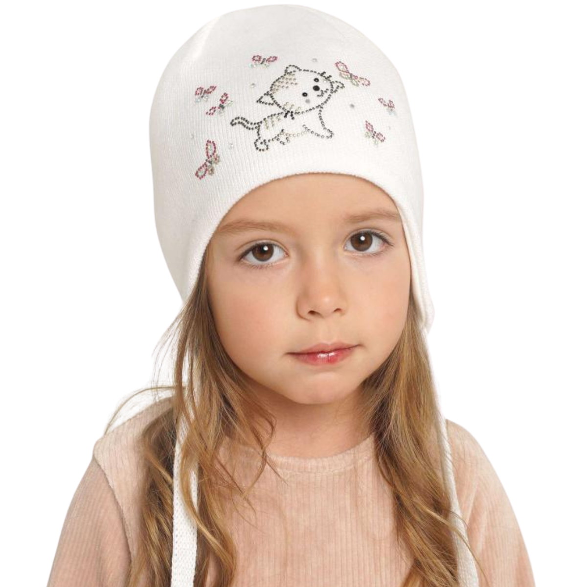 90938 Girls’ Cotton Tie Hat – Rhinestone Puppy & Butterflies Design | 100% Cotton Inside & Out | Size 48–50 / 9-18 Months | Lightweight Spring/Fall Beanie with Ties